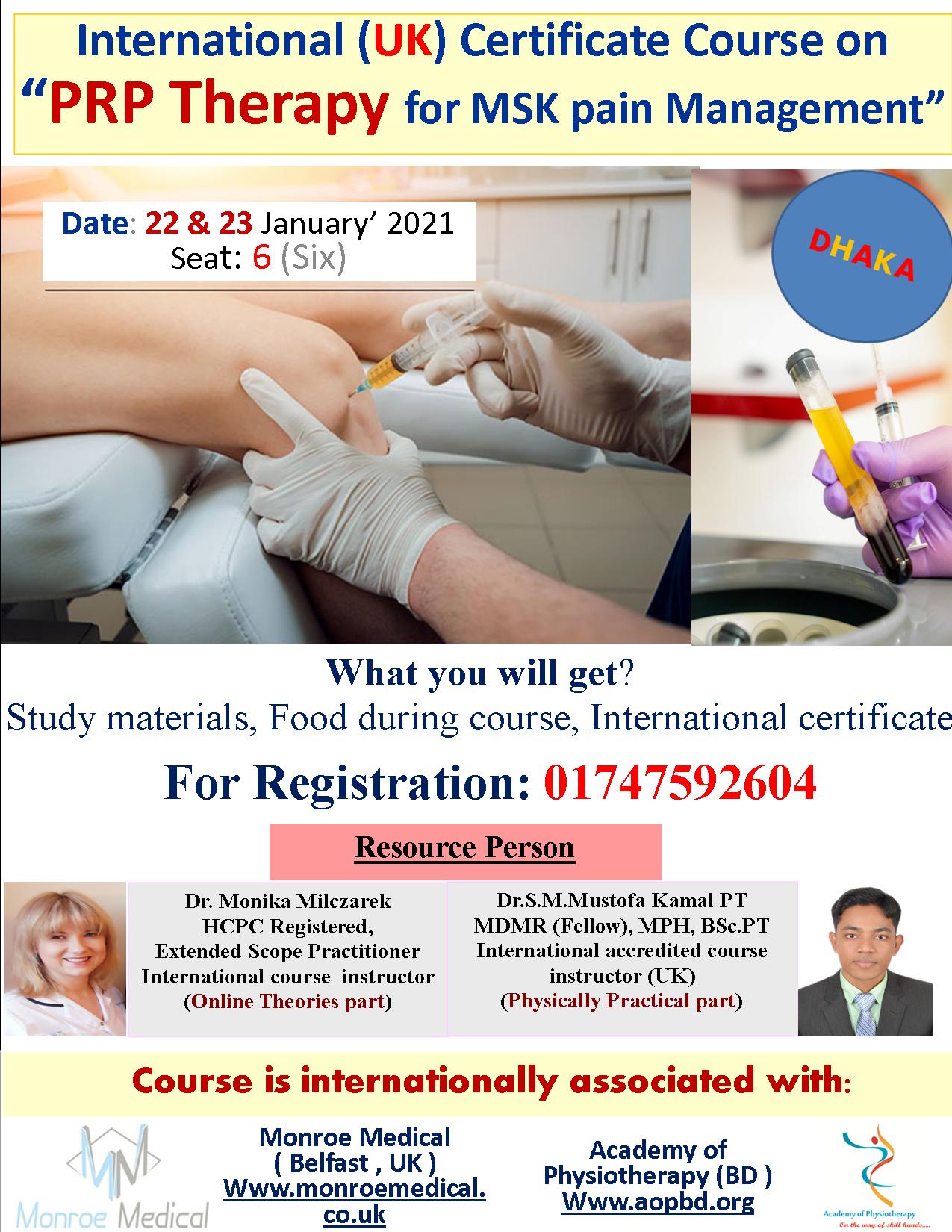 International (UK) Certificate course On "PRP Therapy for MSK pain